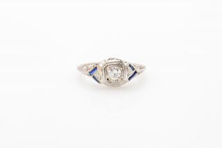 Antique 1920s.  75ct Old Mine Cut Diamond Blue Sapphire 18k Gold Filigree Ring