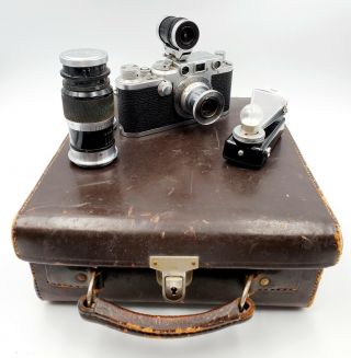 Vintage Leica Iii Camera W/ 50mm F3.  5 & F=9cm 1:4 Telephoto Lenses,  Flash & Case