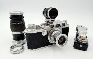 Vintage Leica III Camera w/ 50mm f3.  5 & f=9cm 1:4 Telephoto Lenses,  Flash & Case 2