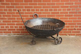 Vintage Fire Pit On Wheels,  Rustic Metal Bowl,  Kadai Bowl Primitive