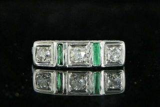 $1,  750 Vintage Art Deco 18k White Gold Old Miner Diamond Green Emerald Ring 4.  75