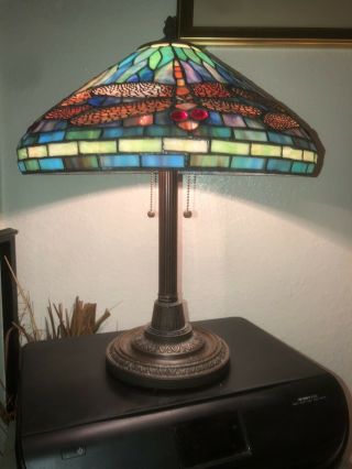 Vintage Tiffany Dale Dragonfly Stained Slag Glass Table Lamp Signed.