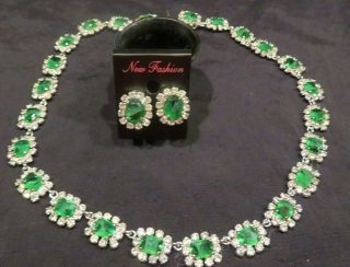 Vintage Christian Dior Emerald Green & Rhinestone Necklace Earrings Set Germany