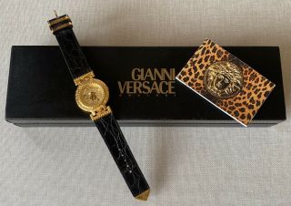 Vintage Gianni Versace Medusa Gold Face Black Leather Analog Wrist Watch