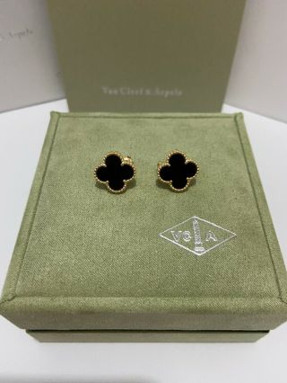 Auth Van Cleef & Arpels Vintage Alhambra 18k Yellow Gold Onyx Earrings 2