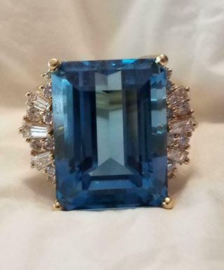 Vintage 14k Gold Emerald Cut Blue Topaz Cocktail Ring With 22 Full Cut Diamonds