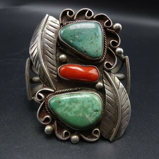 Huge Vintage Navajo Sterling Silver Red Coral And Turquoise Cuff Bracelet 67g