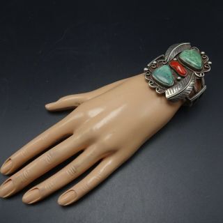 HUGE Vintage NAVAJO Sterling Silver RED CORAL and TURQUOISE Cuff BRACELET 67g 2