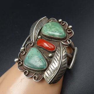 HUGE Vintage NAVAJO Sterling Silver RED CORAL and TURQUOISE Cuff BRACELET 67g 3