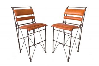Pr Of Vintage Mid Century Iron And Leather Bar Stools