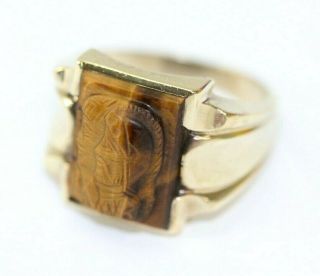 Vintage Dason 10k Yellow Gold Mens Warrior Carved Tiger Eye Ring: Size 11,  9.  3 G