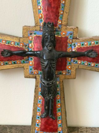Vintage Hand Carved Statue Of Jesus Christ In Black Ebony On A Wood Enamel Cross