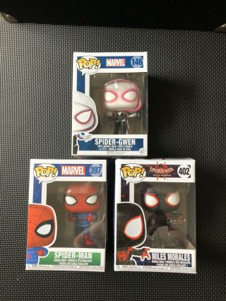 (3) Funko Pop Marvel Spider Gwen Miles Morales Holiday Spider - Man 146 397 402