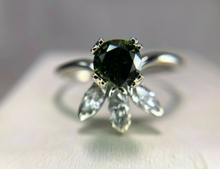 Vintage Art Deco 14k White Gold Round Fancy Green Marquise Diamond Ring 1.  00 Ct