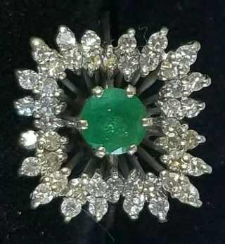14k Gold Emerald Diamond Ring/vintage 14k Gold Diamond Emerald Starburst Ring