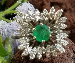 14k Gold Emerald Diamond Ring/Vintage 14k Gold Diamond Emerald Starburst Ring 3