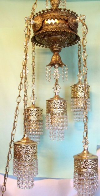 Stunning Vintage 5 Light Swag Lamp Chandelier Crystal Filigree Hollywood Regency