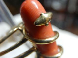 Vintage 14k Yellow Gold Hand Made Mediterranean Red Coral Snake Ring Size 81/2