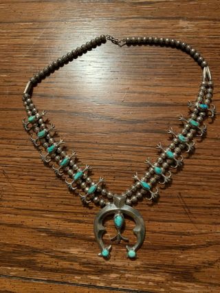 Vintage Native American Navajo Squash Blossom Necklace Turquoise