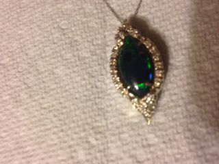 Vintage 14 K White Gold Natural Black Opal Diamond Pendant Necklace 18 "