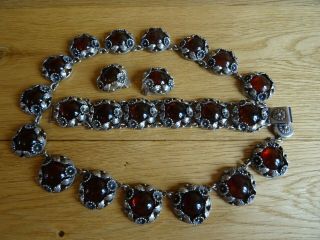 Vintage N E From Sterling Silver Amber Necklace Bracelet Earrings Set Denmark