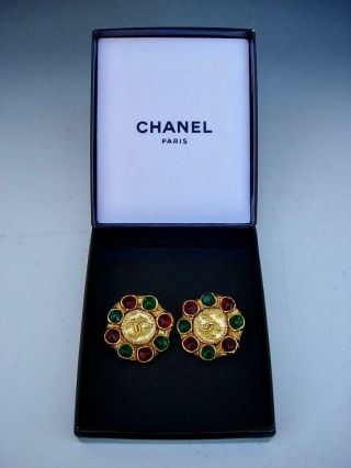 Signed Vintage Chanel Gold Tone & Red/green Glass Cc Logo Earrings