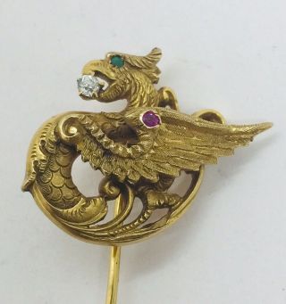 Antique Victorian 14k Yellow Gold Diamond Ruby Griffin Stick Pin