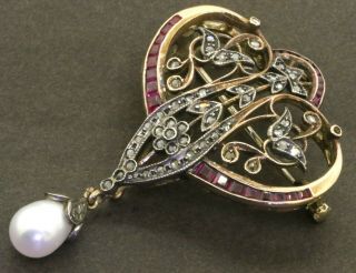 Antique Victorian 14k 2 - Tone Gold 1.  80ct Diamond Ruby & Pearl Brooch