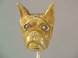 Antique Art Nouveau Solid 14k Gold Diamond Eyes Boxer / Bull Dog Stick Pin