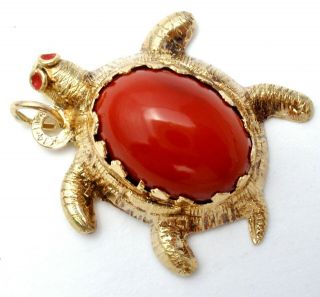 Vintage 14k Yellow Gold Turtle Charm Pendant With Red Coral Italian Jewelry