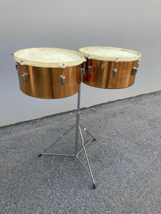 Vintage Wfl Ludwig Copper Timbales W/ Heads And Stand 50’s