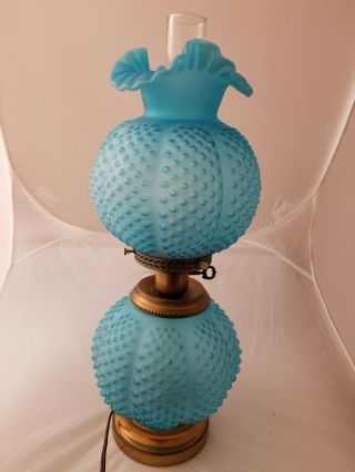 Vintage Htf Fenton Art Glass Blue Lagoon Hobnail Gone With The Wind Table Lamp