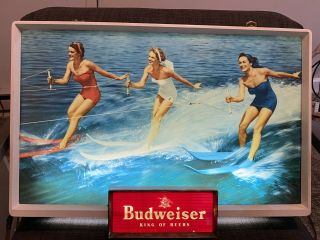 Vintage 1950’s Budweiser Beer Sign Light Ski Girls Waterskiing Red White Blue