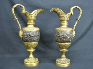Pair Vintage Bronze Ewers With Detailed Frieze Putti Cherub & Classical Motif
