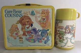 Vintage 1985 Metal Yellow Care Bears Cousins Lunch Box W/ Bottle