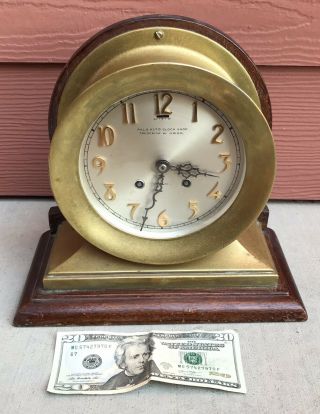 Antique Vintage Brass Chelsea Ships Bell Clock & Stand 7 1/2 Inches Diameter