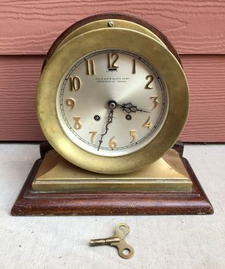 Antique Vintage Brass CHELSEA SHIPS BELL CLOCK & Stand 7 1/2 Inches Diameter 2