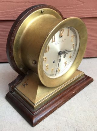 Antique Vintage Brass CHELSEA SHIPS BELL CLOCK & Stand 7 1/2 Inches Diameter 3