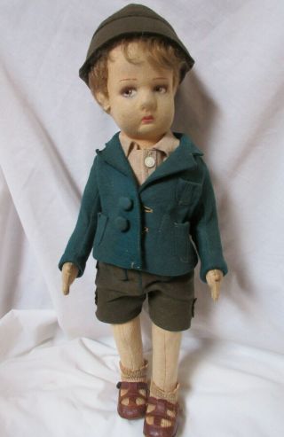 Rare Lenci Boy - 15 " Tall W Green Felt Suit And Hat,  Leather Shoes