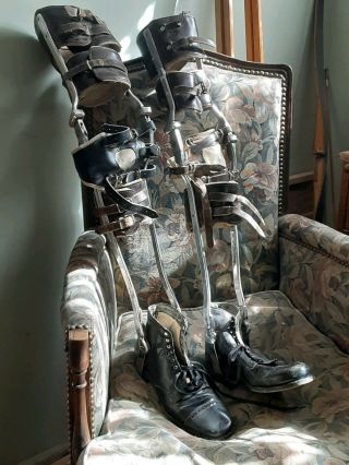 Vintage Pair Polio Leg Braces Shoes Metal Leather