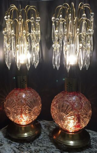 Pair Antique Vintage Boudoir Crystal Waterfall Lamps,  Rose Glass 3 - Way