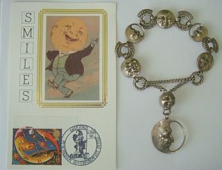 Rare Vintage Double Sided Silver Man In Moon Bracelet & Charm Postcard