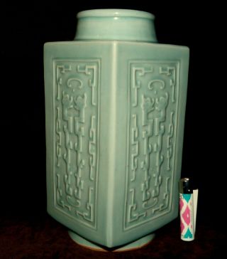 Vintage Chinese Porcelain Cong Shaped Celadon Glazed Large Vase