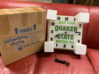 Gorgeous Nos Vintage Quaker State Lighted Clock With Box/rare Find