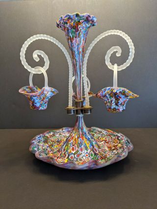 Vintage Murano Fratelli Toso Millefiori Satin Art Glass Epergne Horn And Baskets