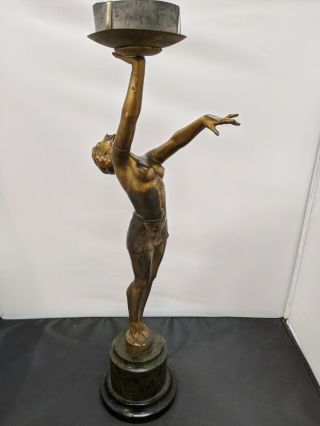 Vintage Art Deco Brass And Stone Lamp Stand Woman Holding Globe 22 "