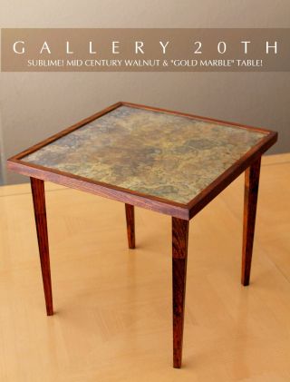 Sublime Mid Century Modern Walnut Club Table Gold Marble Atomic 50 