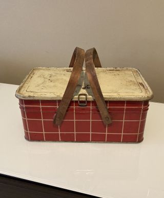 Vintage 1940’s Metal Lunch Box / Red & White Wood Handles 12”x7.  5”x5.  25”