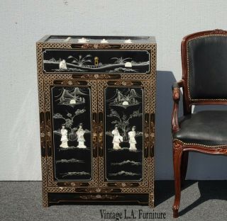 Vintage Chinese Asian Black Lacquer Storage Cabinet W Mother Of Pearl Side Table