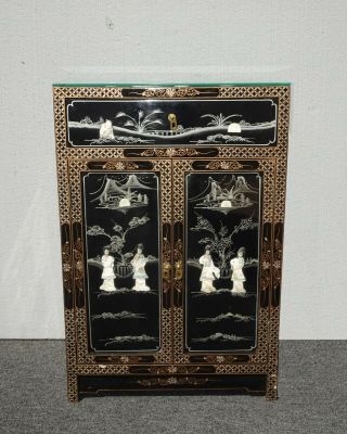 Vintage Chinese Asian Black Lacquer Storage Cabinet w Mother Of Pearl Side Table 2